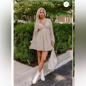 Impressions Light Beige Mini Dress with Dot Pattern